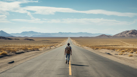 A person walking along an empty road in a desolate landscape.の素材