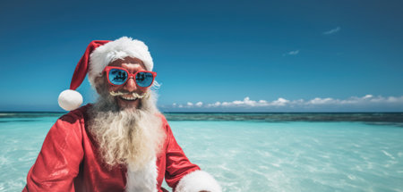 Happy smiling Santa Claus with sunglasses posing against a turquoise water and blue sky.の素材