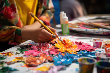 Capture an artistic workshop with student experimenting with different art forms, surrounded by colors and creative tools.の素材