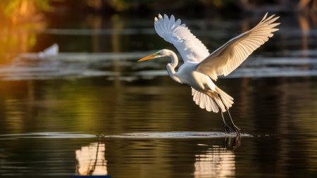 white egret in flight over water, in natureの素材