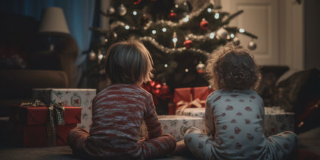 Two kids sitting together and looking to Christmas tree, view from the backの素材