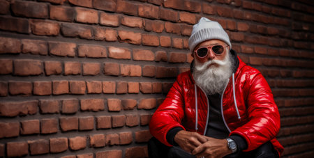 Urban Chic Santa Claus in trendy red streetwear, leaning against a brick wall with a casual demeanour. Copy space.の素材