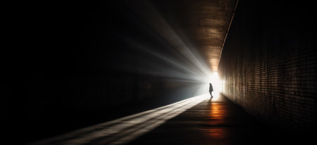 Light Piercing Darkness Description, A person standing in a tunnel with sunlight streaming through the exit.の素材