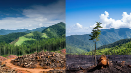 photos before-and-after shots showcasing a deforested area turning into a thriving forest through reforestation effort.の素材