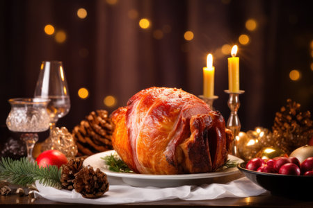 Seasonal Delight: Candlelit Christmas Ham in Cozy Ambianceの素材