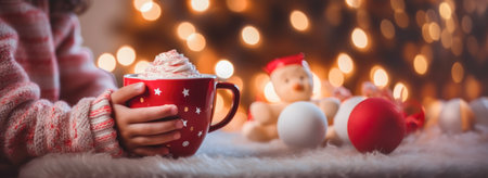 Festive Sip: Enjoying Hot Chocolate in a Christmassy Setting.の素材