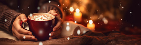 Christmas Bliss: Hands Wrapped Around a Cup of Hot Chocolate in a Magical Setting.の素材