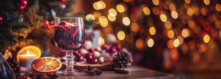 A warming glass of mulled wine beside festive decorations and candlelightの素材