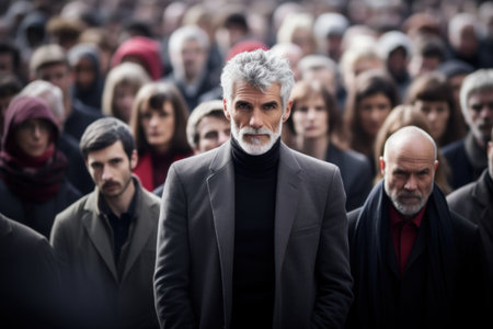 The Sage in the Society - In this compelling photograph, a man with grey hair and a charismatic look stands out in a crowd, perfect for concepts involving guidance, knowledge, and mentorshipの素材