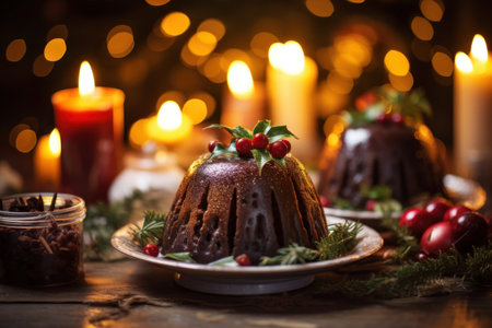 Celebratory dessert scene featuring a snowy Christmas pudding and warm lighting.の素材