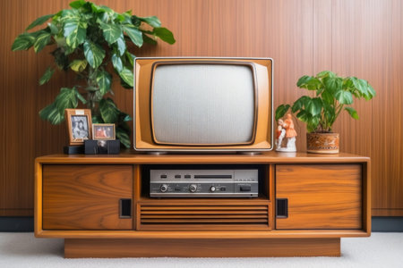A classic blend of old-world aesthetics and modern-day photography, this image showcases a retro television set atop a wooden cabinet, flanked by lush houseplants. Perfect for projects exploring the intersection of past and presentの素材