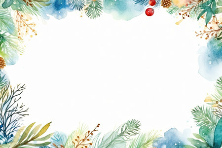Christmas Letter Paper: Hand-Drawn Watercolor Design with Festive Themed Elements and Central Space for Personal Messagesの写真素材