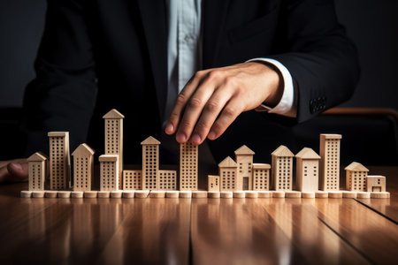 A business professional designs a miniature wooden city, depicting architectural planning and creative design.の写真素材