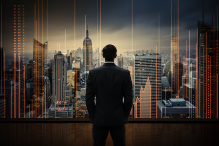 A businessman gazes over the city skyline, contemplating financial growth, represented by superimposed graphs.の写真素材
