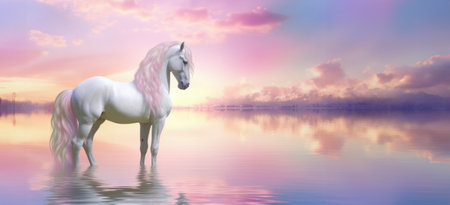 Fantasy landscape with a noble horse gazing into the distance over calm watersの写真素材