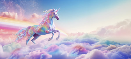 Dreamlike unicorn with a vibrant mane, embodying fantasy in a cloud paradise.の写真素材