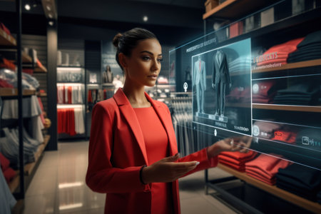 Elegant woman in a red blazer uses augmented reality interface for product selection in a modern retail store, showcasing the future of interactive shoppingの素材