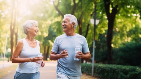 In the tranquility of the park, a senior couple shares a moment of fitness, their coordinated stride a symbol of their harmonious lifestyle..Harmonious Lifestyle, Fitness Together concept.の素材