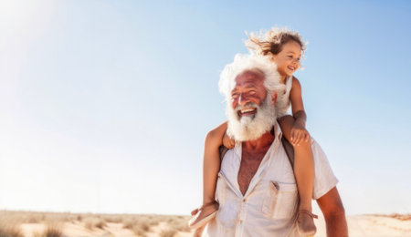 Golden Hour Glee: Grandfather giving piggyback ride to granddaughter, their laughter echoing the joy of summer evenings.Joyful intergenerational bonding conceptの素材