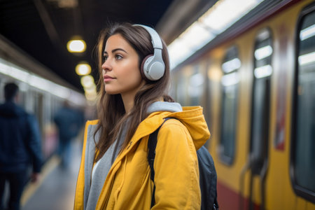 The subway scene brightens with a womans cheerful disposition and her love for music.の素材