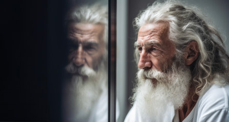 Elderly sage with a long beard in contemplation, life's experience in his eyes, partial reflectionの写真素材