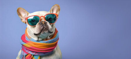 Cool and collected, this French Bulldog sets the trend for pet style and charisma, purple background, copy spaceの素材