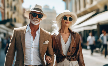 Fashions Silver Edge. An elder gentleman and his companion dazzle on the city streets with their chic ensemble. Ageless fashion and elegance conceptの素材