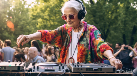 Ageless Beats. Senior woman rocking the DJ booth, proving rhythm knows no age, fun senior life concept .の素材