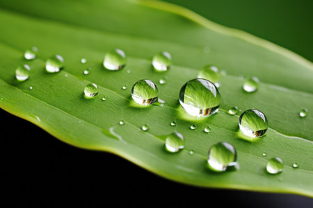 Crystal clear water droplets on a lush green leaf, showcasing the serene beauty of nature after rain.の素材
