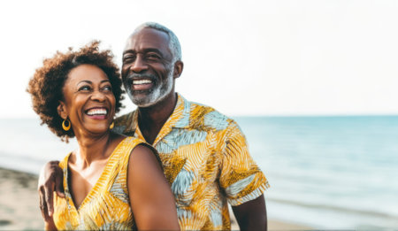 An older couple wrapped in an embrace by the sea, their contentment as vast as the ocean at dusk..Vast Contentment and Companionship conceptの素材