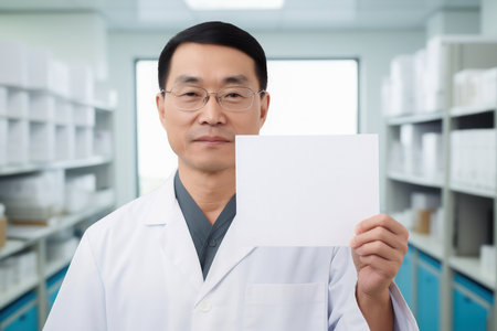 A pharmacist holds a blank card, ready for your message about healthcare, prescriptions, or servicesの素材