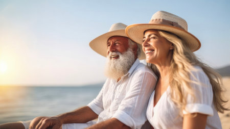Cheerful Caucasian senior couple with summer heats on a beach vacation, enjoying each others company.の素材
