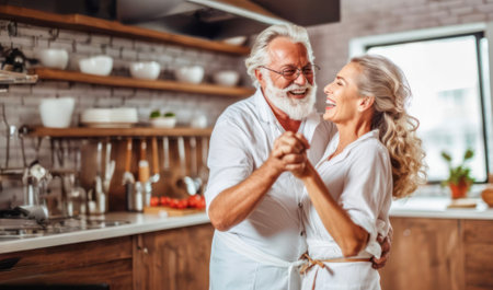 Kitchen Salsa: Joyful senior couple turning a cooking session into a spontaneous dance.の素材