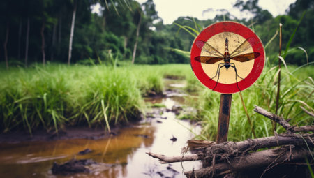 Pest Alert - An eye-catching sign warns of mosquito danger, a critical message in regions battling mosquito-borne illnesses.navigation.の素材