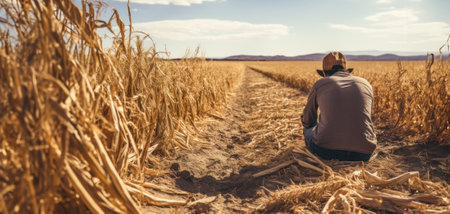 A determined farmer, weathered by hard work, stands in his parched field, symbolizing the unwavering spirit and resilience in the face of a severe food supply crisis.の素材