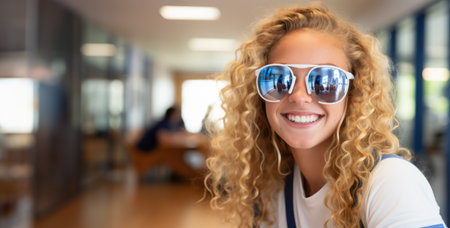 A joyful teenager girl in sunglasses, her smile reflecting a bright, optimistic world.の素材