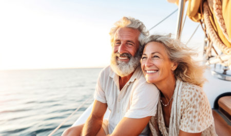 Mature Caucasian couple enjoying a serene moment on a boat, with wind in their hair and smiles on their faces. Captures a sense of freedom and bliss during a nautical adventure. Nautical Bliss, Freedom at Sea concept .の素材