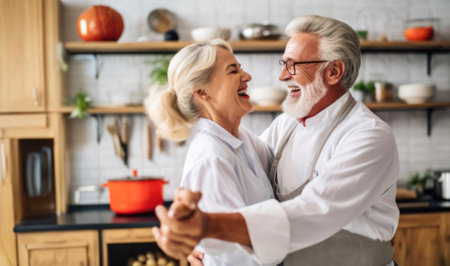 Culinary Waltz. Elderly pair finds romance in a dance among the kitchens warmth.の素材