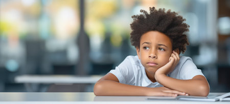 Thoughtful Boy at Table - A portrait of a young boy leaning on a table, lost in thought, with a blurred background emphasizing his expressionの素材
