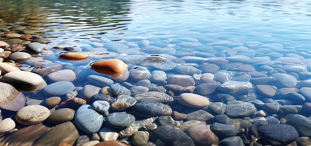 Crystal clear waters reveal smooth, multicolored pebbles, offering a peaceful and simple natural backgroundの素材