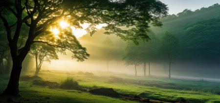Morning rays break through a misty forest, casting an ethereal glow over a tranquil landscape.の素材