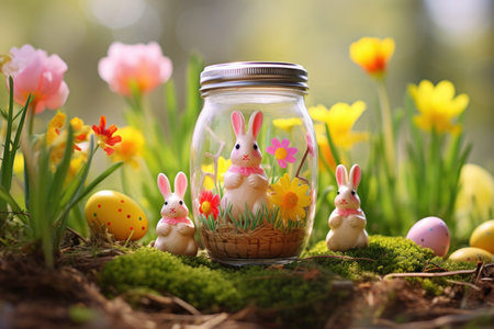 A magical Easter scene captured in a jar amidst vibrant spring flowers, perfect for festive decorationsの写真素材
