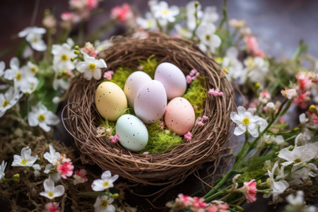 Celebrate the renewal of life with this natural Easter nest, intricately woven and adorned with the first blooms of springの写真素材