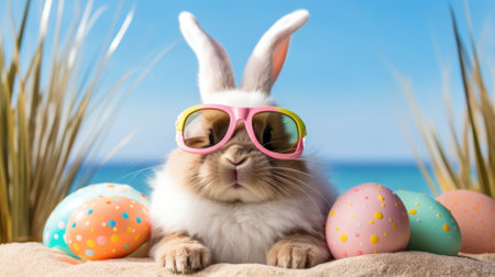 Description: A stylish bunny sporting pink sunglasses enjoys a sunny beach day, amidst colorful Easter eggs.の写真素材