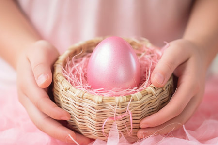 Elegant single pink Easter egg in a hand-held basketの写真素材