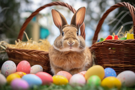 The playful essence of Easter is captured in this charming scene with a bunny, symbolizing fertility and new life, among decorated basketsの写真素材