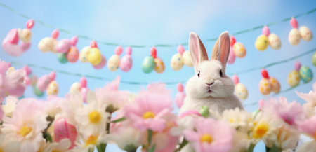 An outdoor Easter fantasy featuring a rabbit in a lush meadow, with a playful arrangement of hanging Easter eggsの写真素材