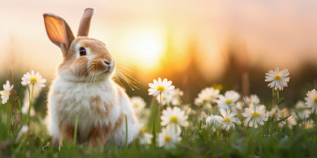 n the quiet of dusk, a single bunny pauses in a field, its presence a gentle whisper against the vast landscapeの写真素材