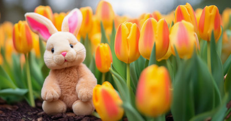 A cuddly plush bunny nestled among a sea of tulips welcomes the warmth and renewal of the spring seasonの写真素材