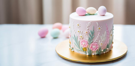 Celebrate the season of renewal with this breathtaking Easter cake, a canvas of sugary blooms and pastel eggsの写真素材